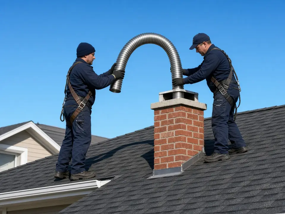 Two technicians lowering a stainless steel liner into a chimney